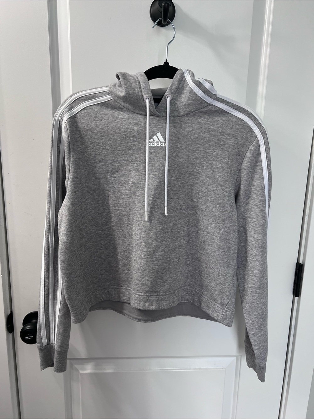 Adidas Gray Cropped Hoodie with White 3-Stripes Women’s Small